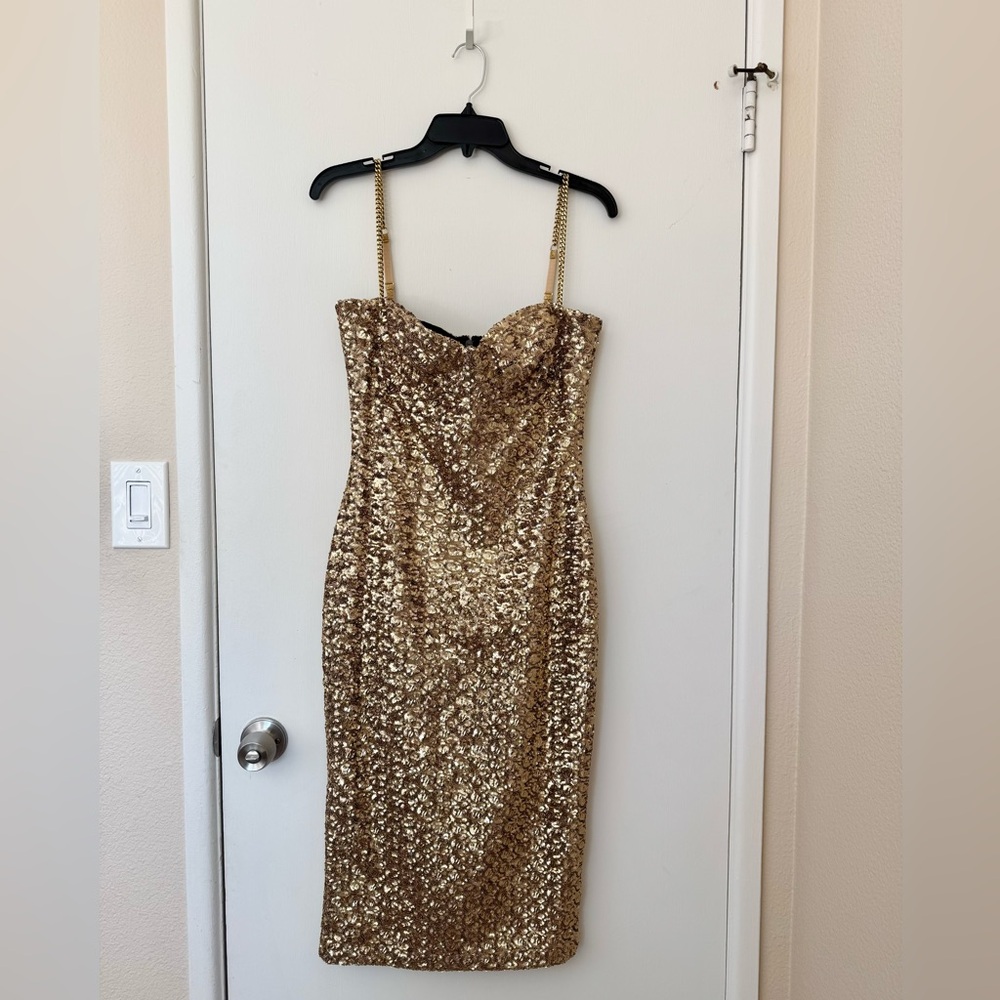 Nadine Merabi Nina Gold Sequin Midi Bodycon Dress Size 8
